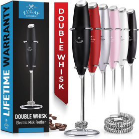 Double Whisk Milk Frother With Stand (Color: BLCK)