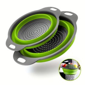 2pcs Collapsible Colanders Folding Strainers Colander Foldable Silicone Kitchen Drop Funnel (Color: 2pcs set green)